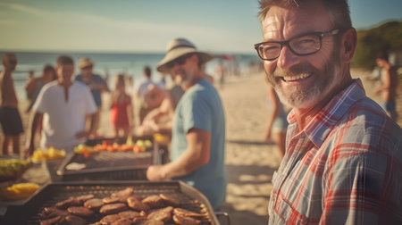 Bearded man having a barbecue party on the beach with his friendsの素材