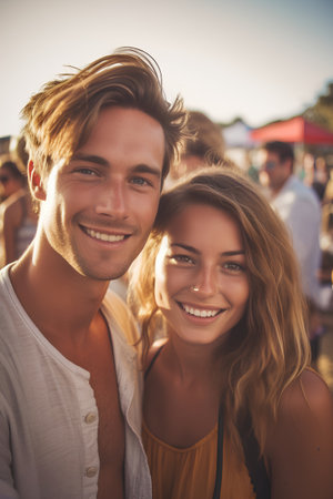 Portrait of a young couple at a summer music festival on the beachの素材