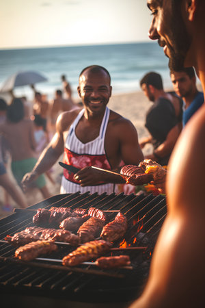 Group of friends having barbecue party on the beach. People having fun on summer vacation.の素材