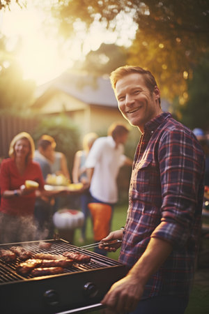 Portrait of smiling man having barbecue party with friends in the backgroundの素材