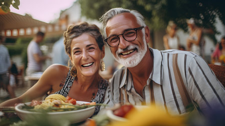 Happy senior couple having lunch together in a restaurant. Cheerful mature man and woman sitting at table with food and laughing.の素材