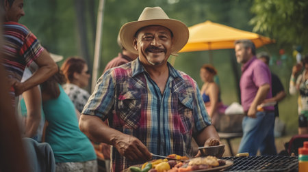 Cheerful senior man grilling sausages on barbecue grillの素材