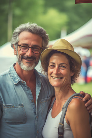 Portrait of happy senior couple looking at camera and smiling while standing outdoorsの素材