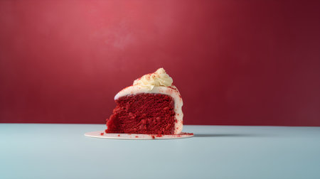 Red velvet cake with whipped cream on a white plate on a red backgroundの素材