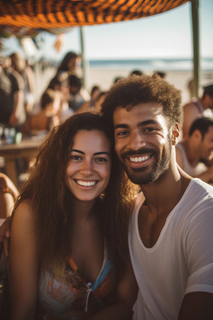 Portrait of young multiracial couple having fun on the beachの素材