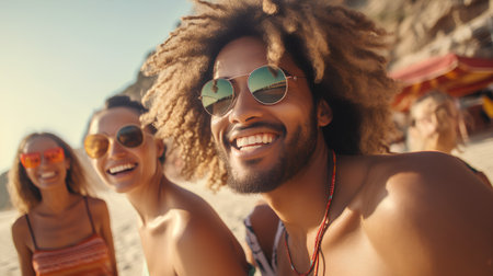 Group of friends having fun at the beach on a sunny day.の素材