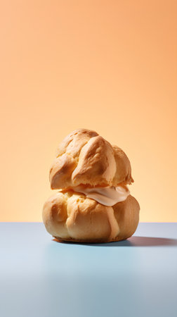 Homemade cream puff on blue and orange background with copy space.の素材