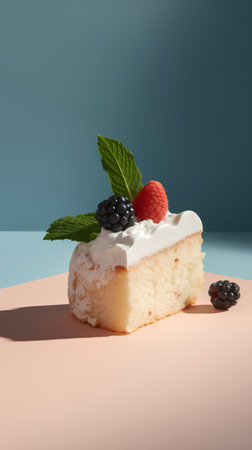 Cheesecake with berries and mint on a blue background. 3d renderingの素材
