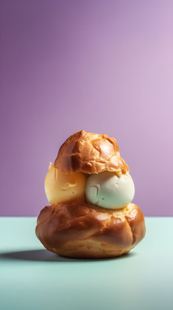 Cream puff with vanilla cream on a blue and purple background.の素材