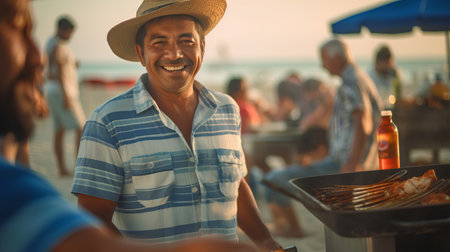 Portrait of a smiling man at a barbecue party on the beachの素材