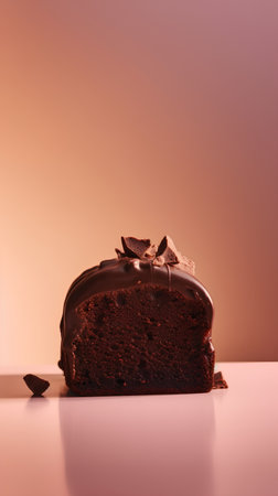 Chocolate cake with chocolate glaze on a pink and orange backgroundの素材