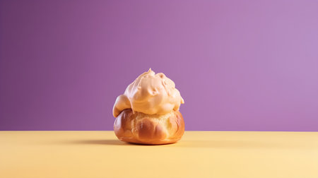Cream puff with cream on a yellow-purple background.の素材
