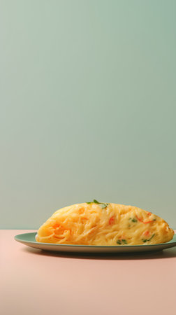 Cheese omelette on a green plate on a pastel backgroundの素材