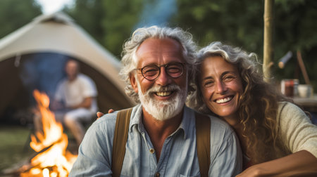 Portrait of smiling senior couple sitting in front of bonfire at campsiteの素材