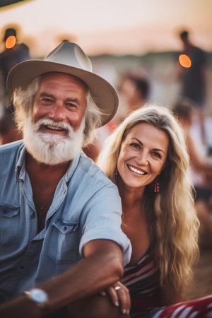 Portrait of happy senior couple having fun together at summer music festivalの素材