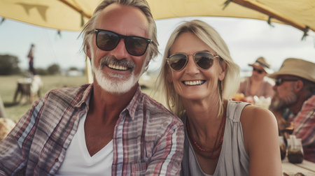 Mature couple having fun at a summer music festival. They are wearing sunglasses and smiling.の素材