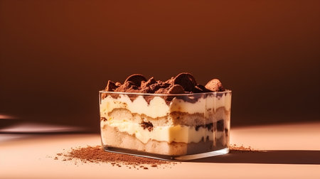 Classic tiramisu dessert in a glass on brown background with copy spaceの素材