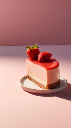 Strawberry cheesecake on a pink background. Minimal style.の素材