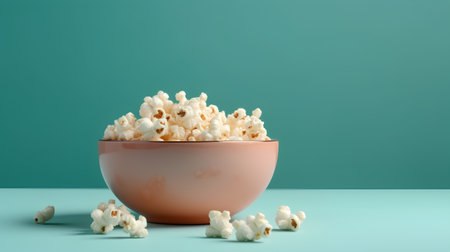 Bowl of popcorn on green background. 3d render illustration.の素材