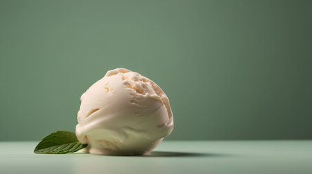Scoop of vanilla ice cream with mint leaves on green backgroundの素材
