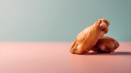 Fried chicken wings on pink and blue background. Copy space.の素材