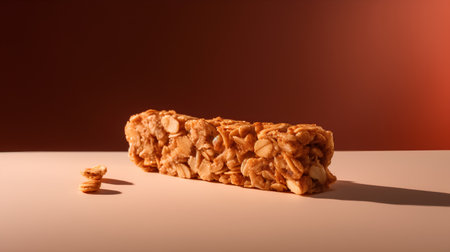 Homemade granola bar with nuts on a brown background with shadowの素材