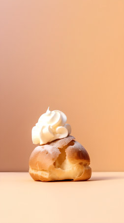 Cream puff with whipped cream on pastel orange background. Copy space.の素材