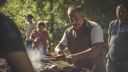 Senior man grilling sausages on a barbecue in the parkの素材