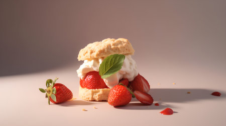 Creamy scone with strawberries and mint on a pink backgroundの素材