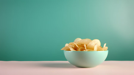 Potato chips in a bowl on a pastel pink and green backgroundの素材