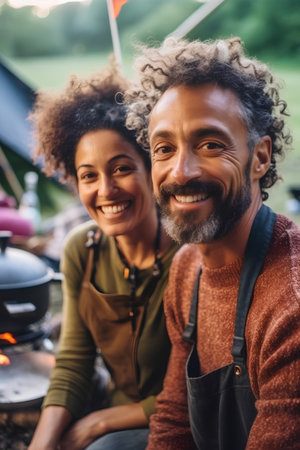 Portrait of happy mixed race couple smiling at camera while camping outdoorsの素材