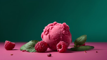 Raspberry ice cream with fresh raspberries and mint leaves on pink tableの素材