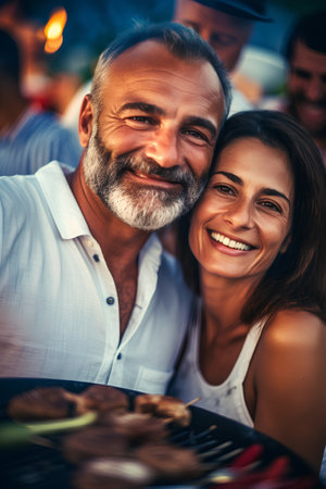 Portrait of a smiling senior couple at a barbecue party outdoors.の素材