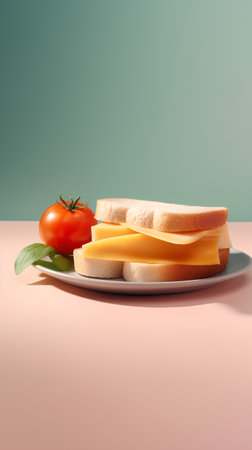 3d rendering of cheese sandwich with tomato and basil leaf on pastel backgroundの素材