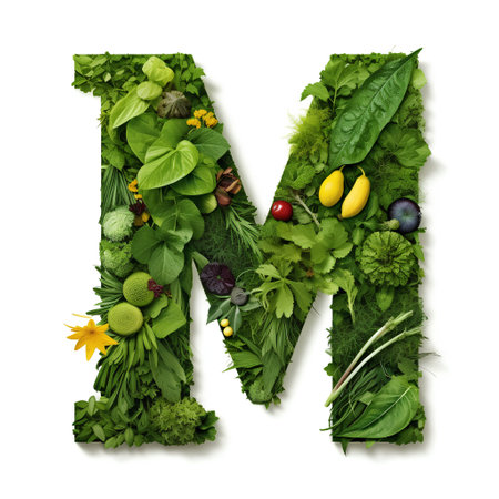 Letter M made of fresh green vegetables and herbs isolated on white backgroundの素材