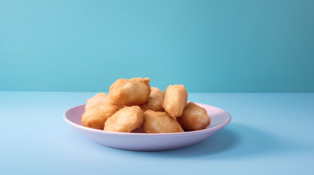 Bowl of fried chicken nuggets on blue background. 3d renderingの素材