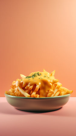 Golden French fries potatoes with melted cheese on a plate. 3d renderingの素材