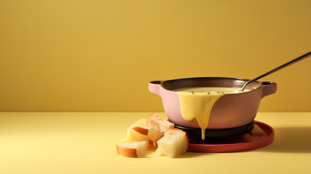 Cheese fondue in pot with spoon and piece of bread on yellow backgroundの素材