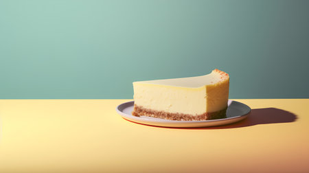 A piece of cheesecake on a plate on a yellow-green background.の素材