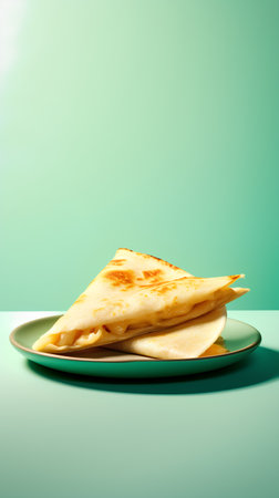 Stack of pancakes on a green plate on green background with copy spaceの素材