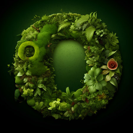 3d illustration of green wreath made of moss, flowers and plantsの素材
