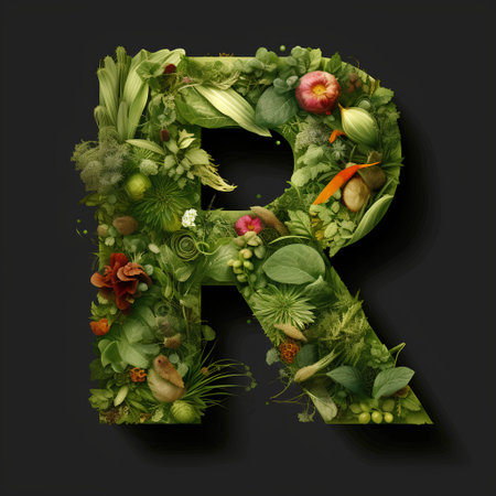 Letter R made of fresh vegetables and herbs isolated on black background. Healthy food font.の素材