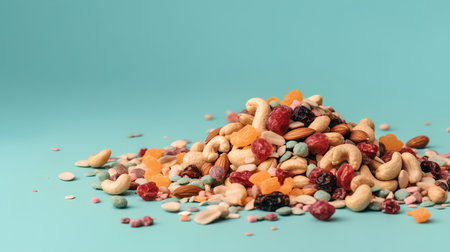 Mix of nuts and dried fruits on blue background. Copy space.の素材