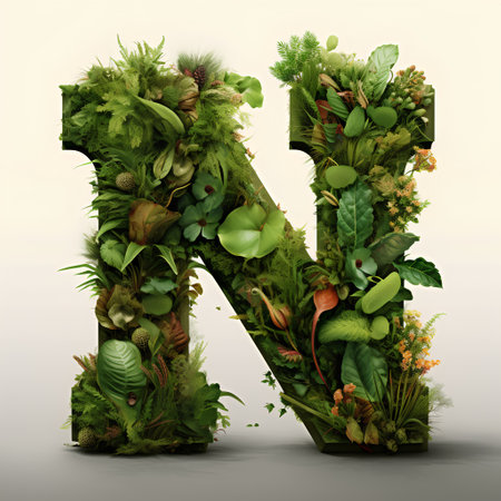 Letter N made of green plants and flowers isolated on white background. 3D illustration.の素材