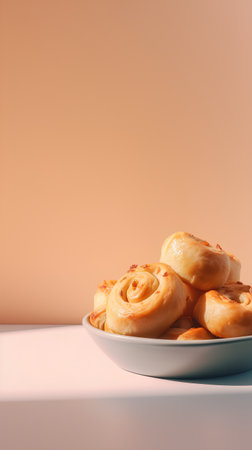 Baked buns in a plate on a pastel background. Close-up.の素材