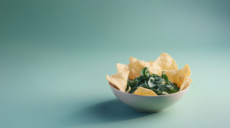 Nachos with spinach in bowl on green background. 3d renderingの素材
