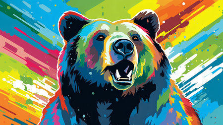 Vector illustration of a grizzly bear on a multicolored backgroundの素材