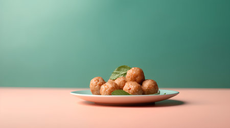 Plate with fried dough balls on a pink and green background.の素材
