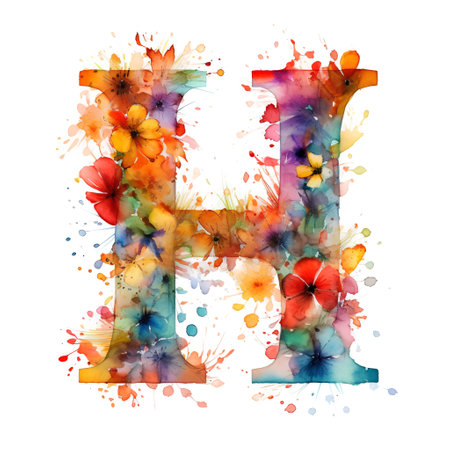 Alphabet watercolor paint splashes, letter H, isolated on white backgroundの素材