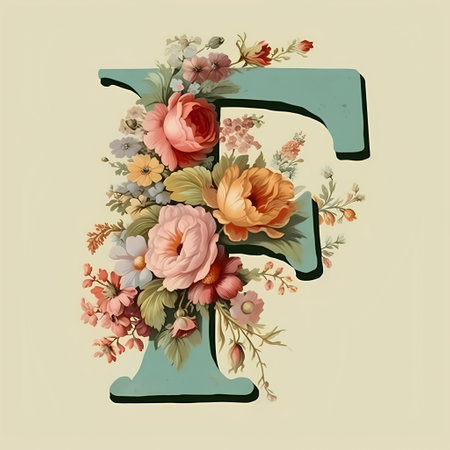 Vintage floral capital letter F in retro style. Can be used for wedding invitations, greeting cards, scrapbooking.の素材